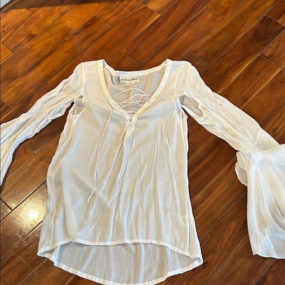 Stylestalker White Lace-Up Bell Sleeve Blouse